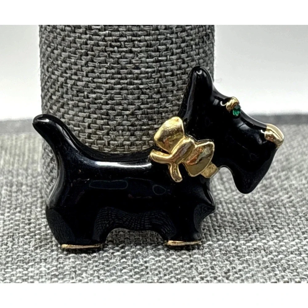 Vintage Black Enamel Scottie Dog Gold Tone Brooch Pin Green Crystal Eyes
